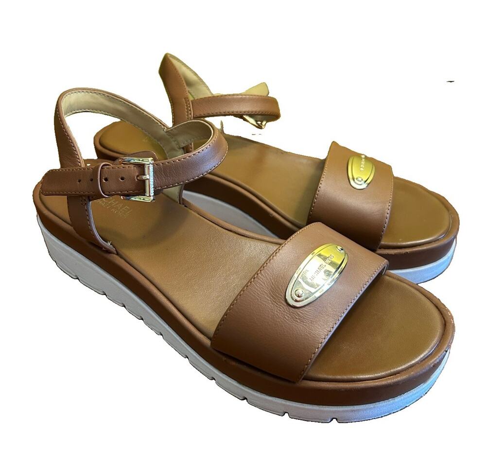 Michael Kors Women's Darcy Flatform Sandal MK Signature Brown Leather Gold Sz 8M